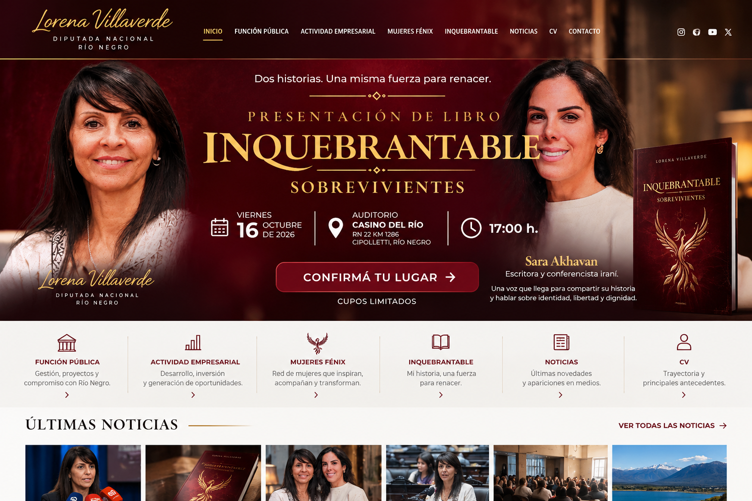 Dos historias. Una misma fuerza para renacer. Presentación de Inquebrantable — Sobrevivientes, con Lorena Villaverde y Sara Akhavan. Viernes 16 de octubre de 2026, 17:00 h, auditorio Casino del Río, RN 22 km 1286, Cipolletti. Cupos limitados.